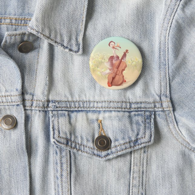 Cello Stork: Classical Music Animal in Yellow Mead 6 Cm Round Badge (In Situ)