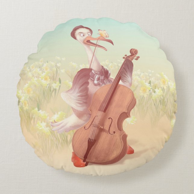 Cello Stork: Classical Music Animal in Yellow Mead Round Cushion (Front)