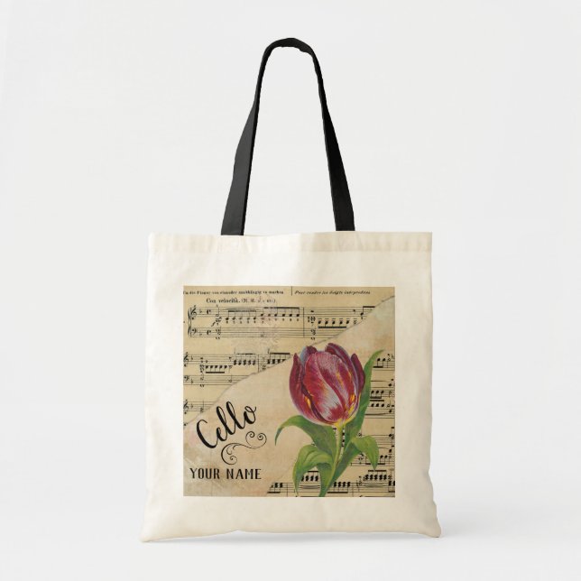 Cello Tulip Vintage Sheet Music Customised Tote Bag (Front)