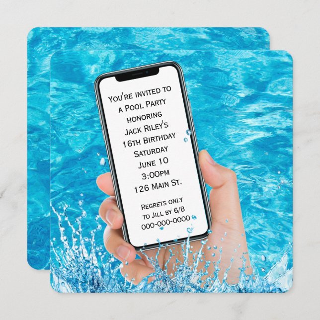 Cellphone Text 16th Birthday Pool Party  Invitation (Front/Back)