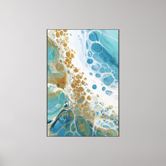 Cellular Drift: Teal & Gold Fluid Abstract Canvas Print (Front)
