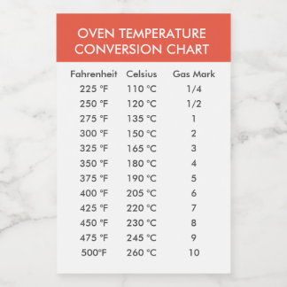 Celsius To Fahrenheit Oven Conversion Chart Label
