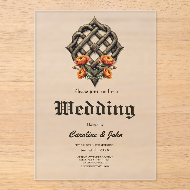 Celtic art and floral splendour in warm tones acrylic invitations (Front)