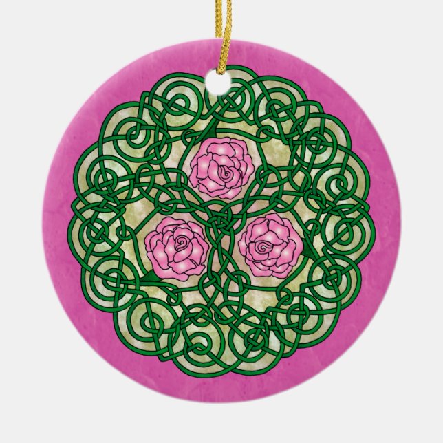 Celtic Art Roses Pink Ceramic Tree Decoration (Front)