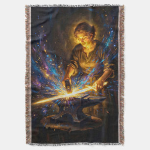 Celtic Blacksmith Goddess Forging Sword Fantasy Ar Throw Blanket