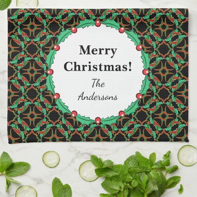 Celtic Christmas Holly Wreath Pattern Personalised Tea Towel (Folded)