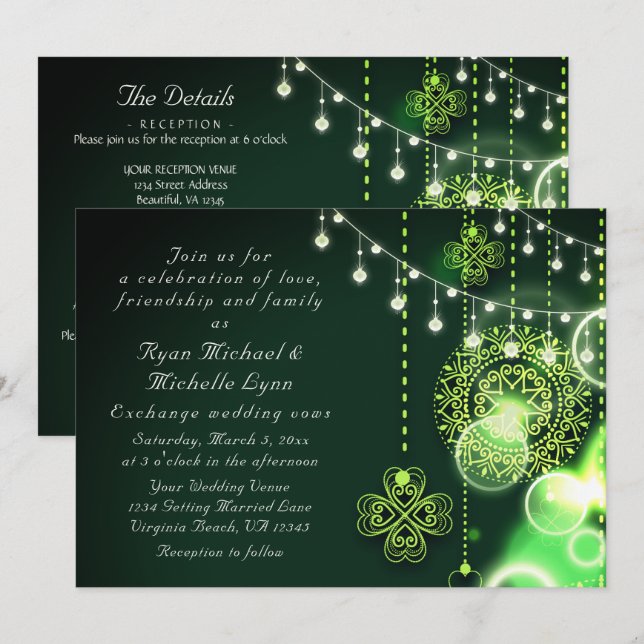 Celtic Clovers and Lights All In One Irish Wedding Invitation (Front/Back)