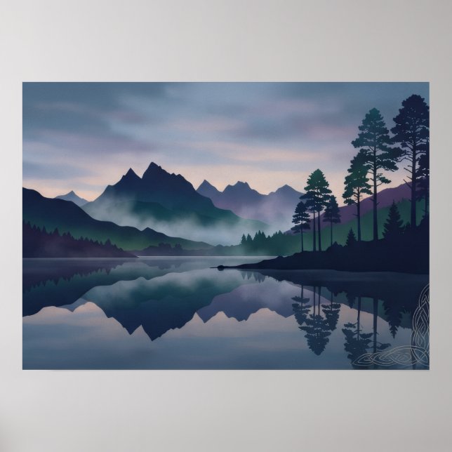 Celtic Corner Misty Mountain Lake Scottish Art Poster (Front)