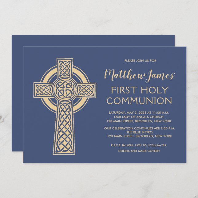 Celtic Cross First Communion Invitation for Boys (Front/Back)