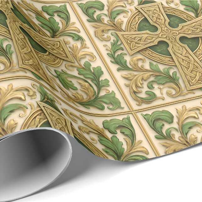 Celtic Cross Green Gold Carved Look Wrapping Paper (Creator Uploaded)