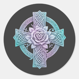 Celtic cross, pastel colors, rose in the center classic round sticker