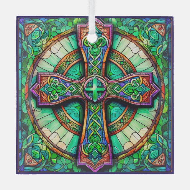 Celtic Cross Style Suncatcher Stained Glass Design Glass Tree Decoration (Front)