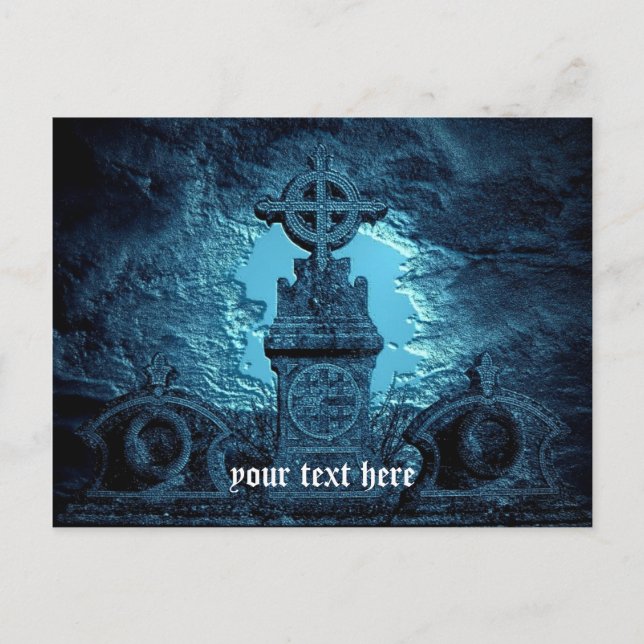 Celtic cross tiled tombstone in blue postcard (Front)