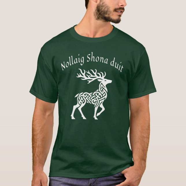Celtic Deer 🦌 Irish Language Happy Christmas 🎄  T-Shirt (Front)
