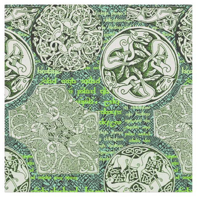 Celtic Dogs and Horses in Green Fabric (Close Up)