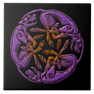 Celtic dogs traditional ornament in purple, orange tile
