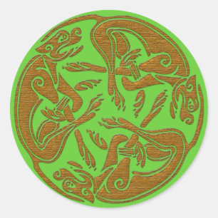 Celtic dogs traditional ornament wooden look classic round sticker