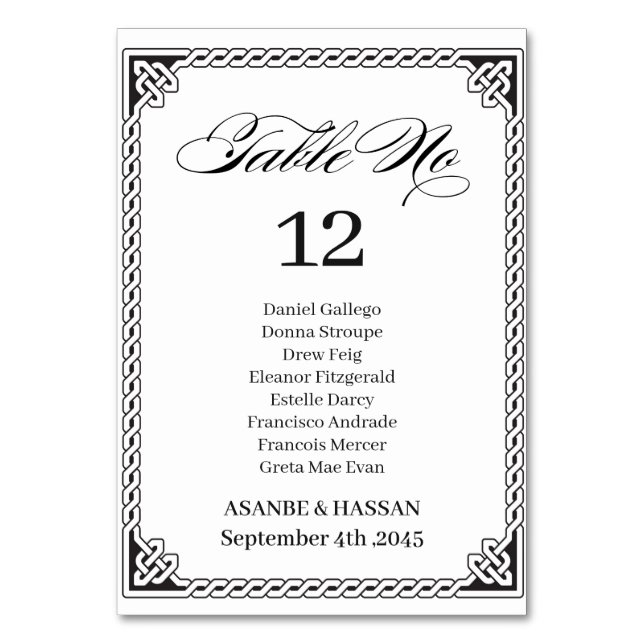 Celtic Frame Wedding Table Number Card  Guest Name (Front)