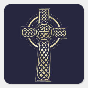 Celtic gold cross deep navy blue background square sticker