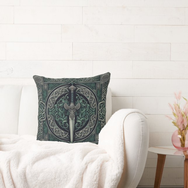 Celtic Green and Silver Sword Cushion (Couch)