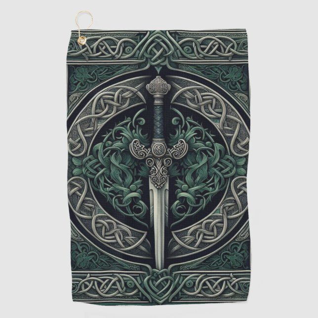 Celtic Green and Silver Sword Golf Towel (Front)