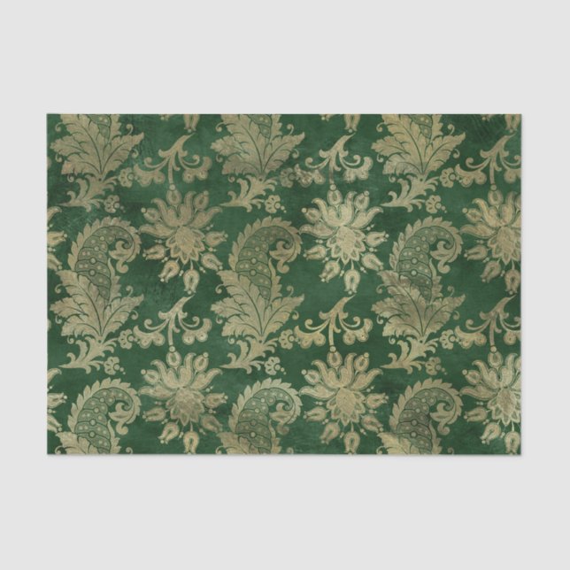Celtic Green Gold Paisley Floral Pattern Tissue Paper (Front)