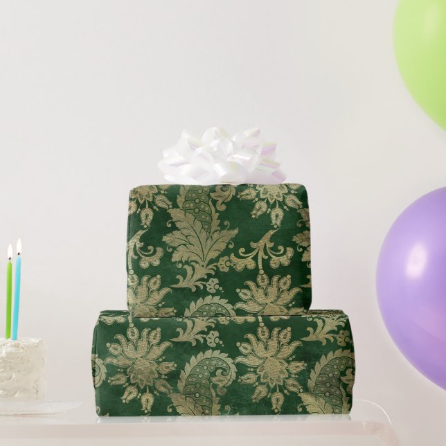 Celtic Green Gold Paisley Floral Pattern Wrapping Paper (Party Gifts)