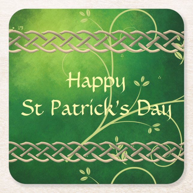Celtic Green Knots & Leaves Square Paper Coaster (Front)