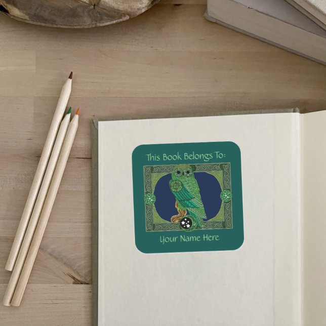 Celtic Green Owl Bookplate Square Sticker (Creator Uploaded)