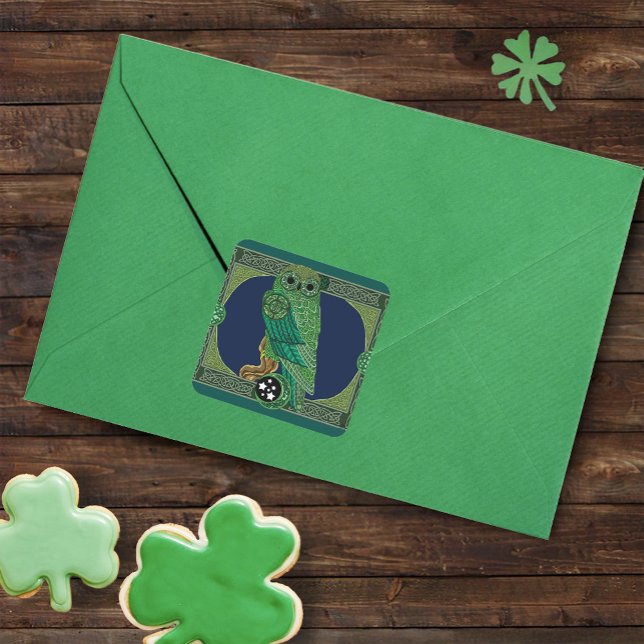 Celtic Green Owl Square Sticker (Creator Uploaded)