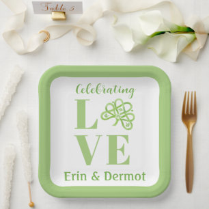 Celtic Green Watercolor Shamrock NAME Bridal Paper Plate