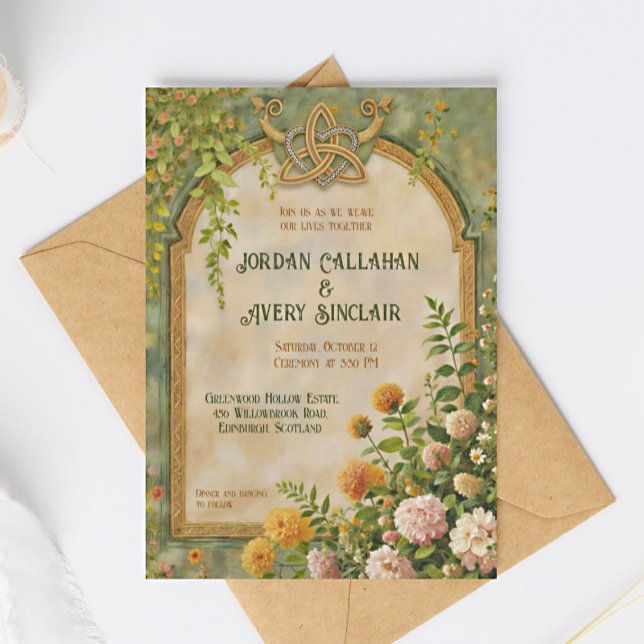 Celtic Green Wildflower Vintage Wedding Invitation (Creator Uploaded)