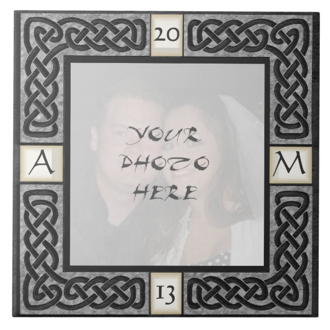 "Celtic Grey Stone" Monogram Photo Frame Tile (Front)