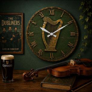 Celtic Harp Vintage Irish Music Decor Large Clock