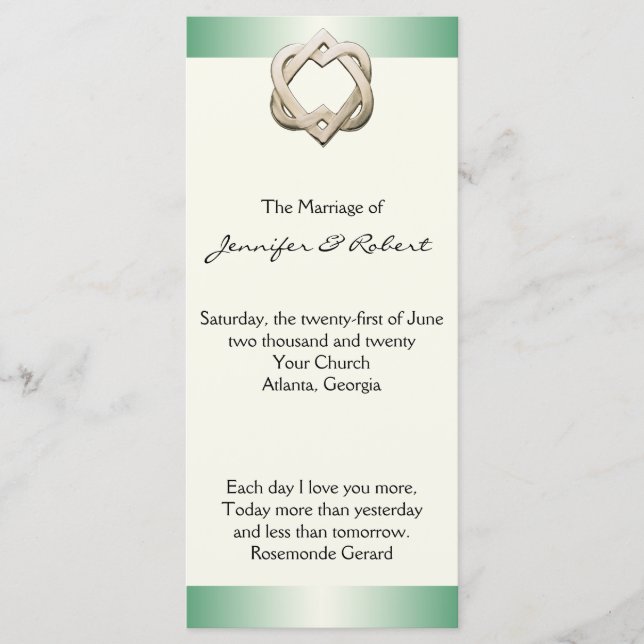 Celtic Hearts on Green Gradient Wedding Program Programme (Front)