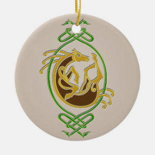 Celtic Horse Knotwork - Green & Gold Ceramic Tree Decoration