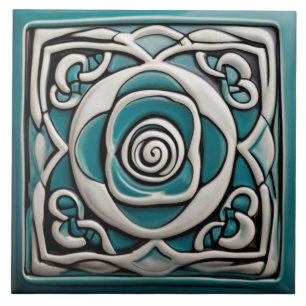 Celtic Inspired Turquoise and White Rose Flower Tile