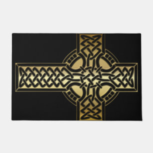 Celtic Knot Cross in Gold and Black Floor Mat