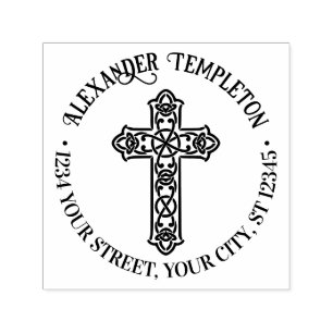 Celtic Knot Cross Name Return Address Round Self-inking Stamp