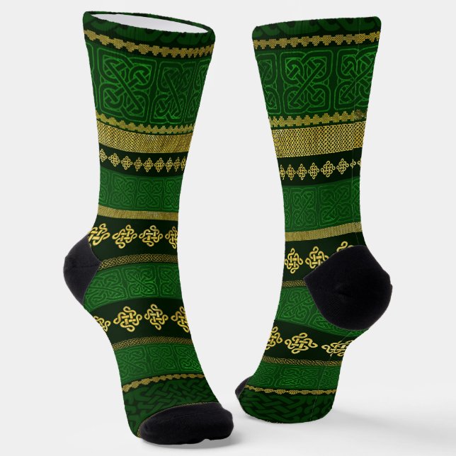 Celtic Knot Decorative Gold and Green pattern Socks (Angled)