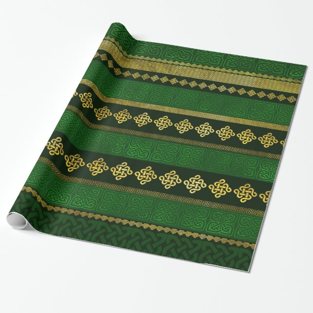 Celtic Knot Decorative Gold and Green pattern Wrapping Paper (Unrolled)