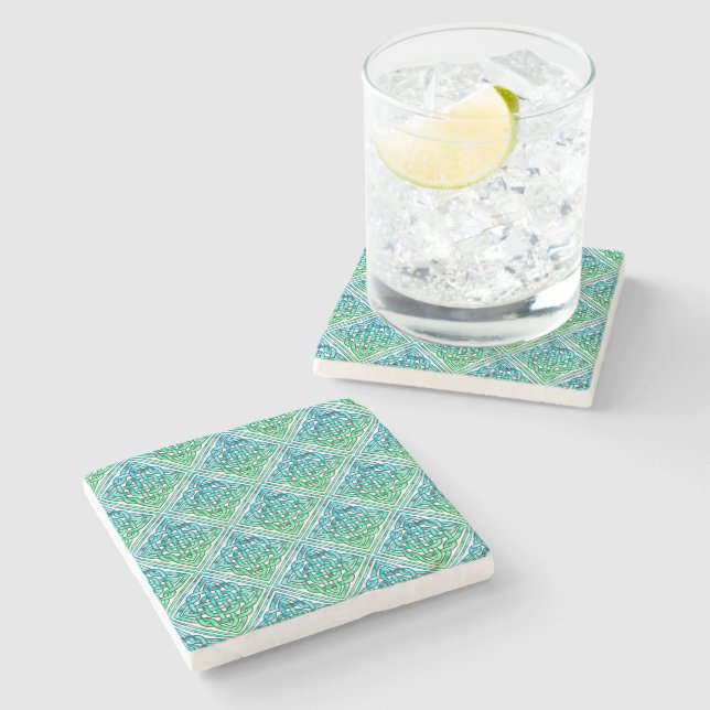 Celtic Knot - Diamond Tile Blue Green Stone Coaster (Side)