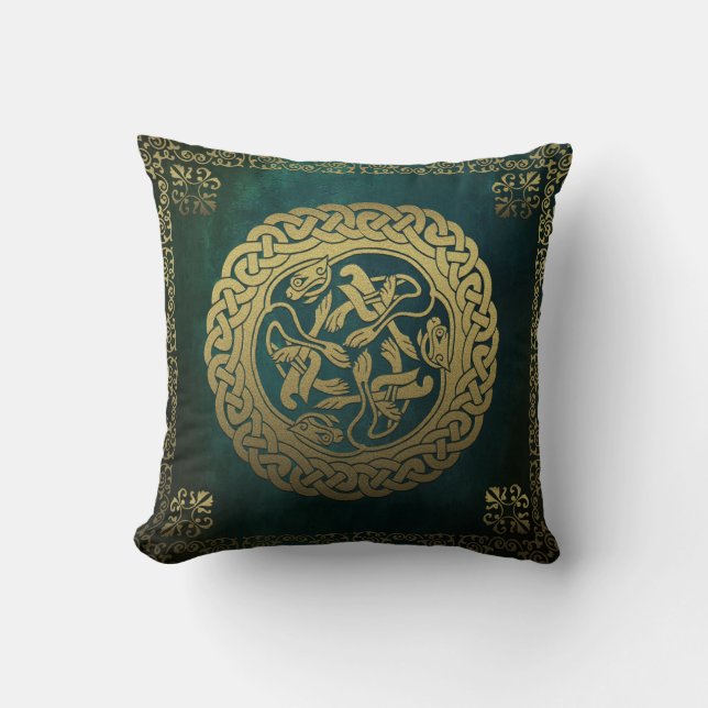 Celtic Knot Dogs Dark Washed Green Cushion (Front)