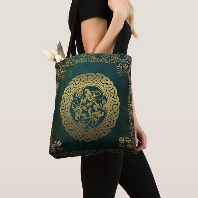 Celtic Knot Dogs Dark Washed Green Gold Tote Bag (Close Up)