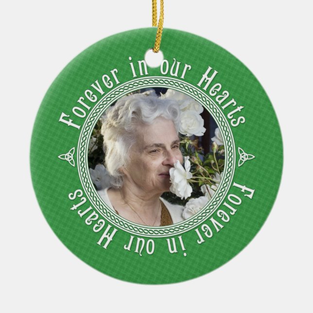 Celtic Knot Green Irish Memorial Photo Christmas Ceramic Tree Decoration (Front)