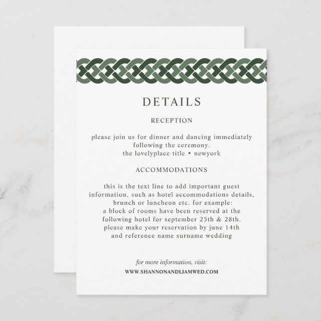 Celtic Knot | Green Wedding Information Guest Enclosure Card (Front/Back)