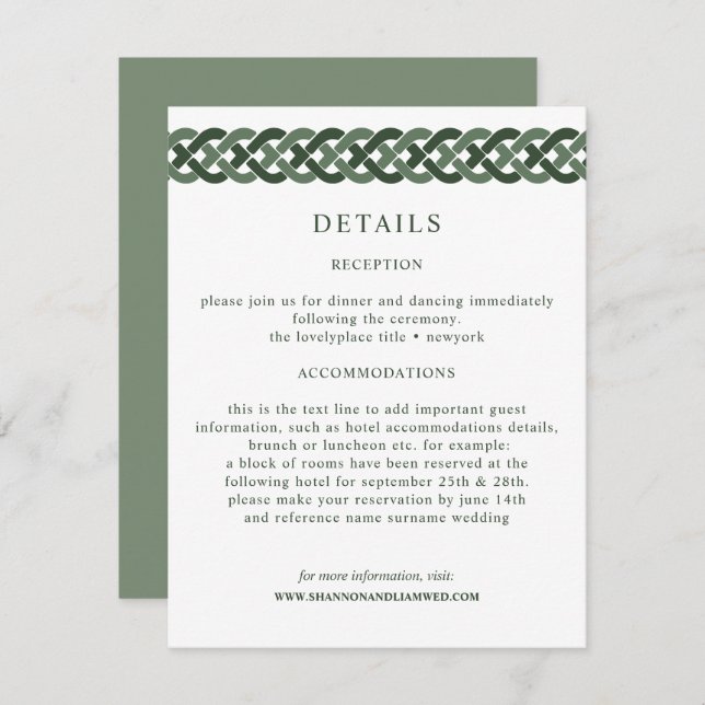 Celtic Knot | Green Wedding Information Guest Enclosure Card (Front/Back)