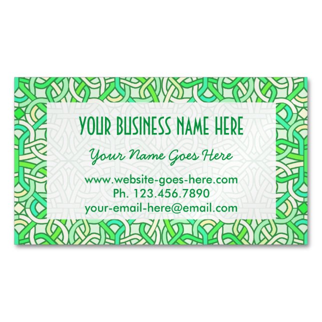 Celtic Knot Irish Braid Pattern Green Yellow Magnetic Business Card (Front)