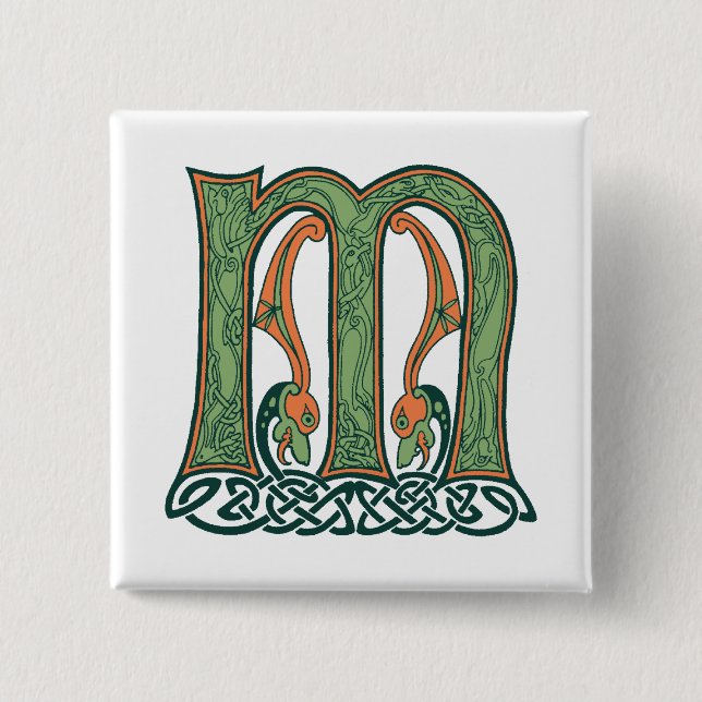 Celtic Knot Letter M, Irish Design 15 Cm Square Badge (Front)