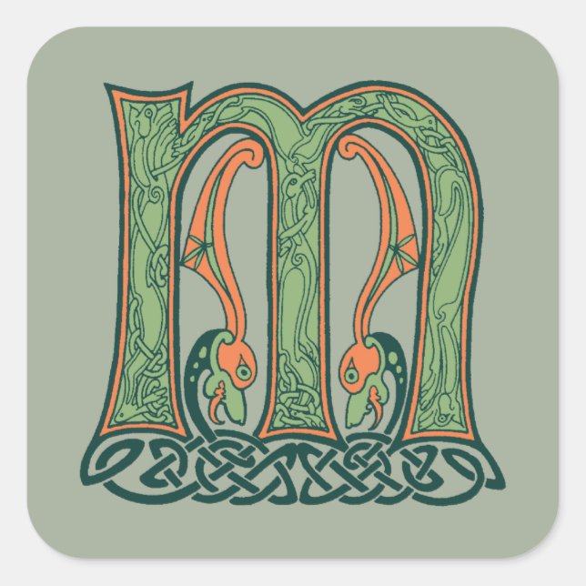 Celtic Knot Letter M, Irish Design Square Sticker (Front)